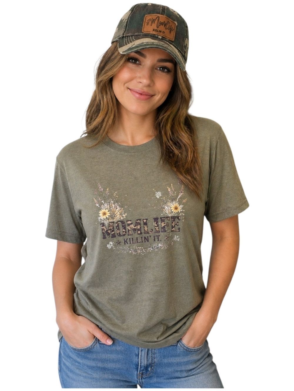 Handmade Momlife Killin’ It Camo Trucker Hat & Bella Canvas Graphic Tee Set Larg